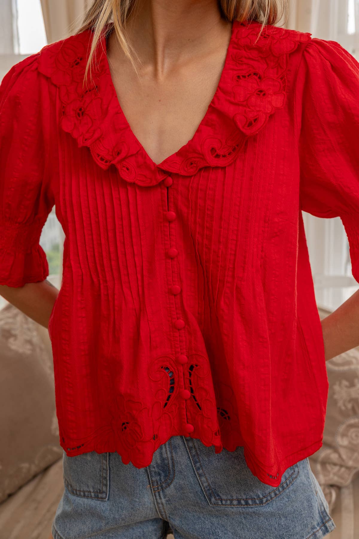 Embroidered Collar Red Blouse
