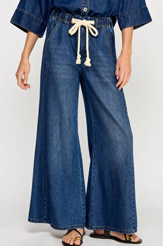 DRAWSTRING WIDE DENIM PANTS