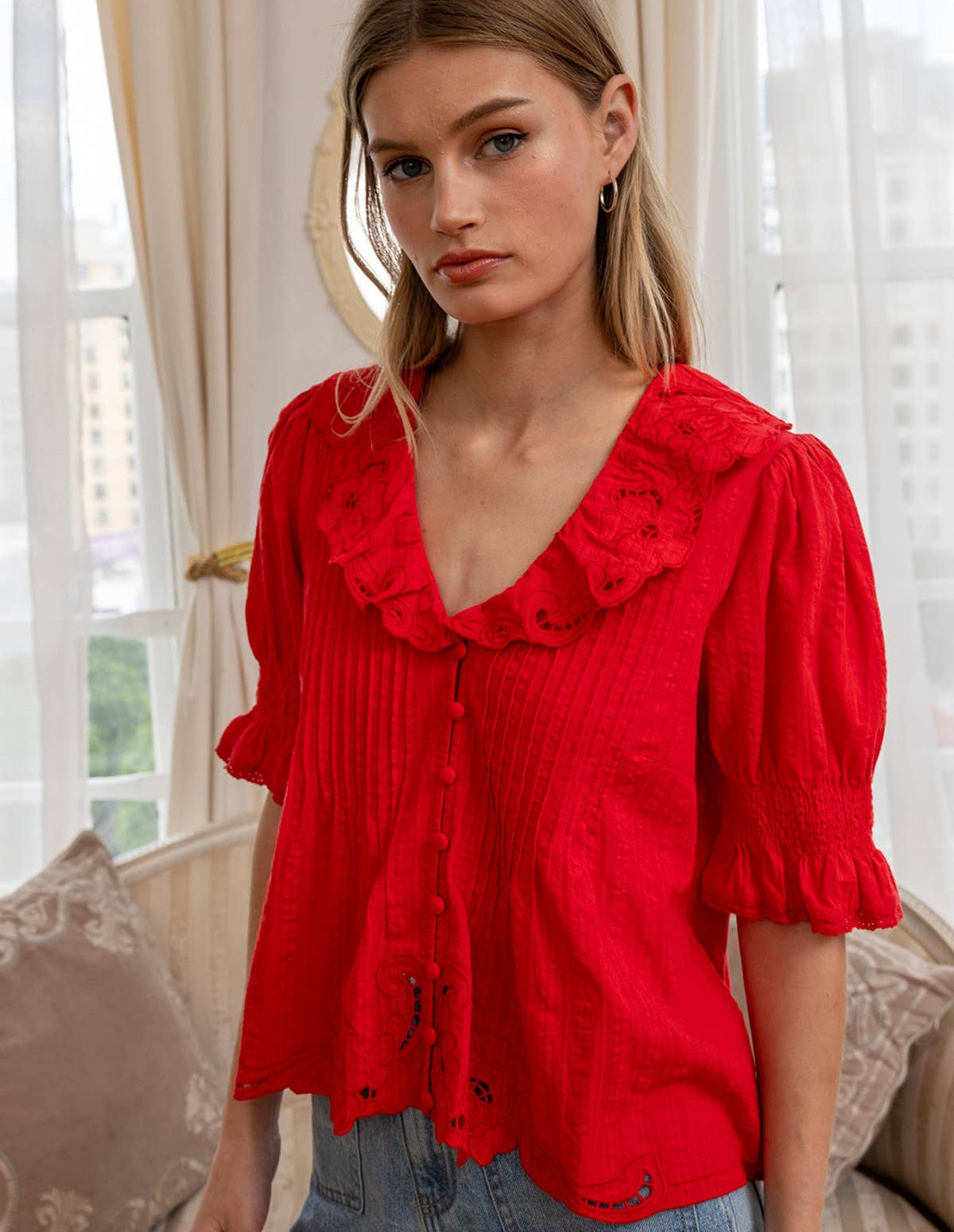 Embroidered Collar Red Blouse
