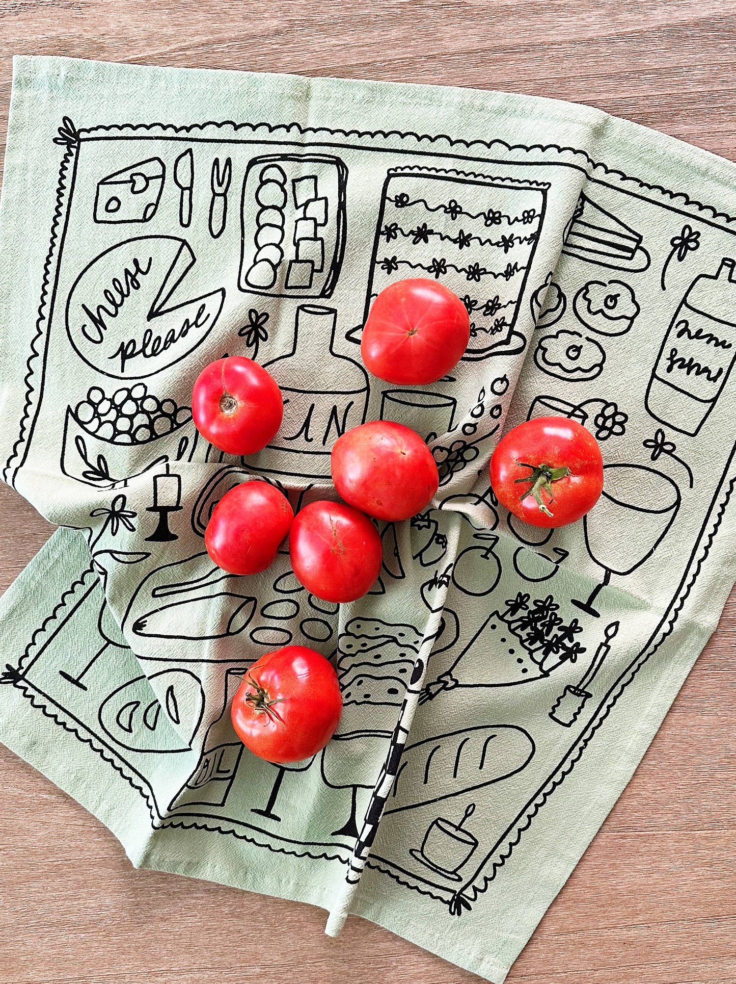 Picnic on Sage Green Tea Towel