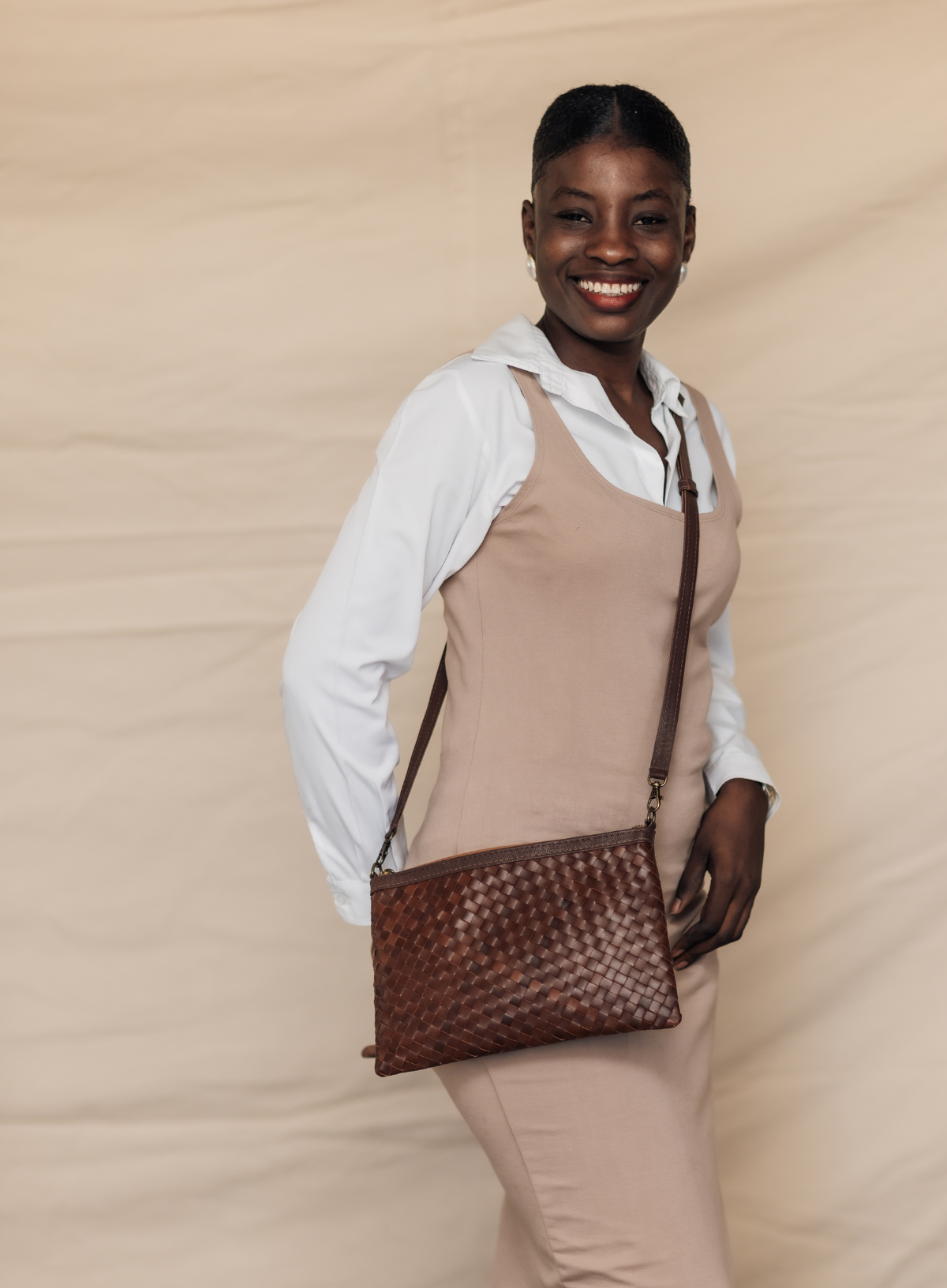 Woven Leather Crossbody Clutch: Mahogany
