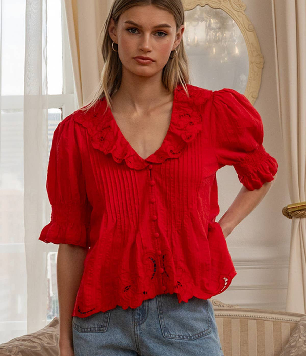 Embroidered Collar Red Blouse