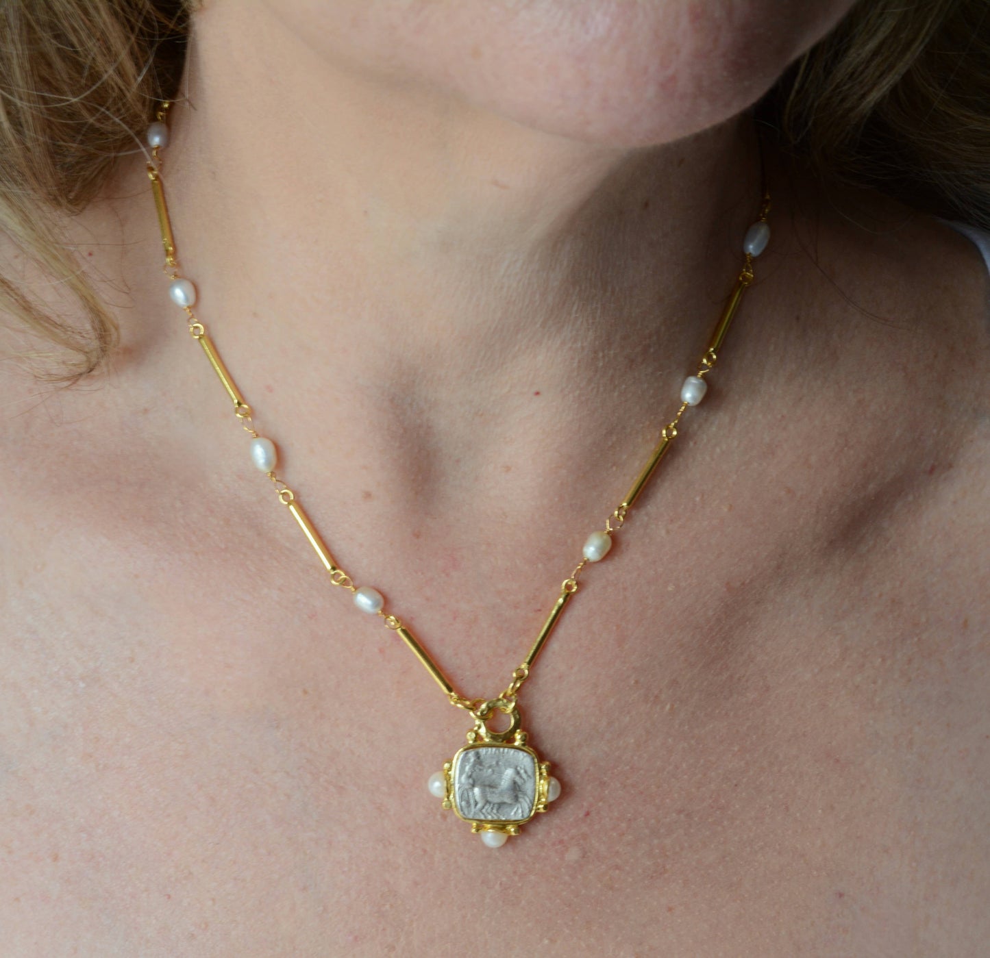 Roman Coin necklace with pearls
