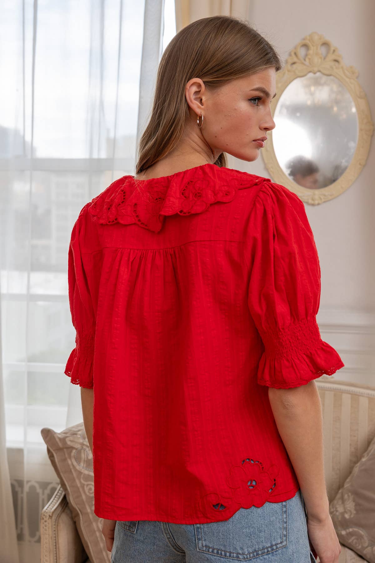Embroidered Collar Red Blouse
