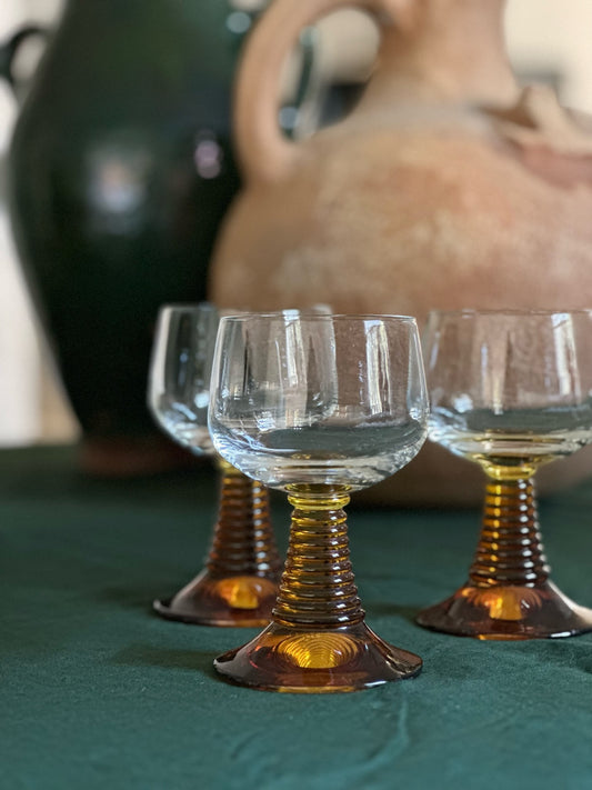 Vintage Glassware in Amber & Green Stem